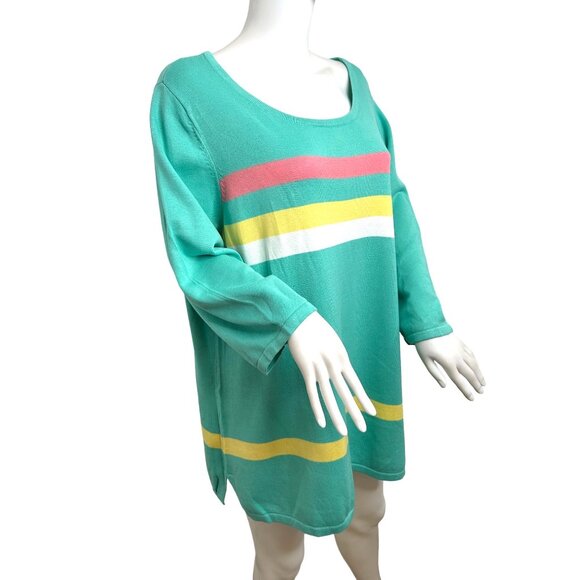 Belle Kim Gravel Tunic Top 1X Green Pink Yellow White Stripes 3/4 Sleeves Knit - Picture 2 of 9